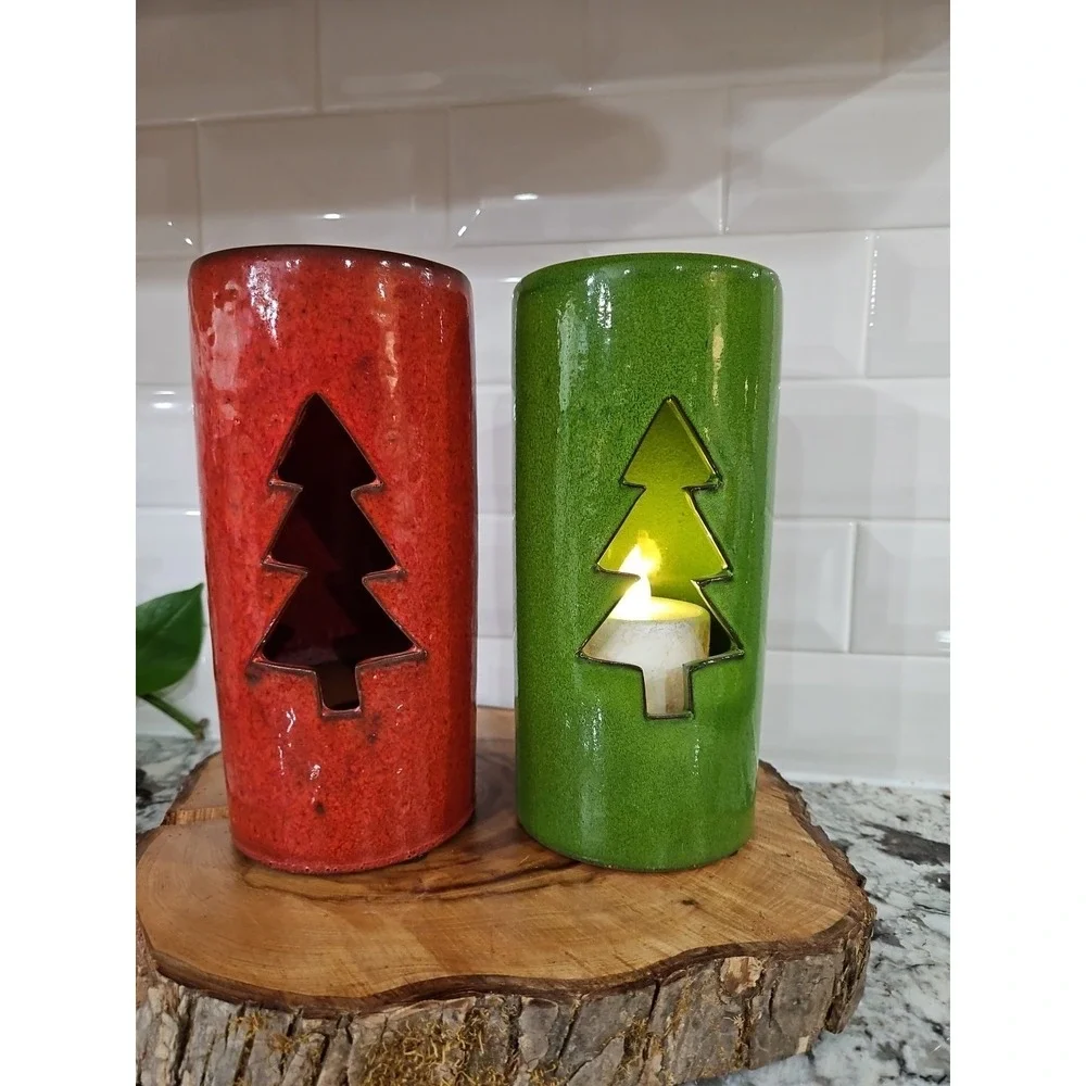 Ceramic Christmas TREE Votive Hand -Glazed Candle‎ Holder SET OF 2!! 9 INC